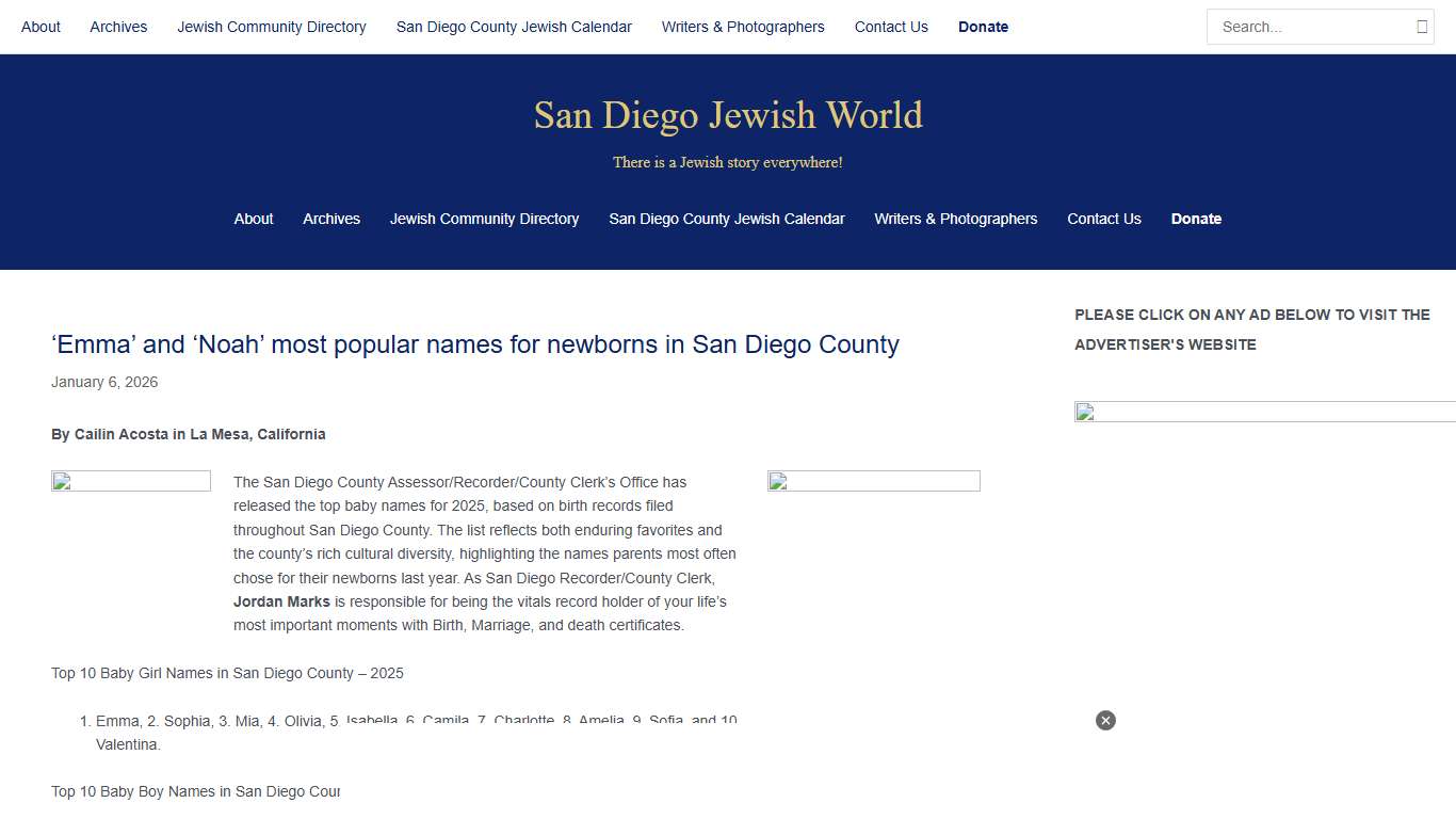 ‘Emma’ and ‘Noah’ most popular names for newborns in San Diego County – San Diego Jewish World